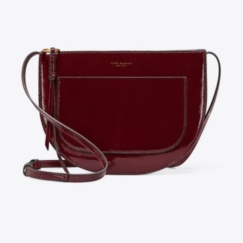 Tory Burch Piper Patent Saddle Bag in Claret